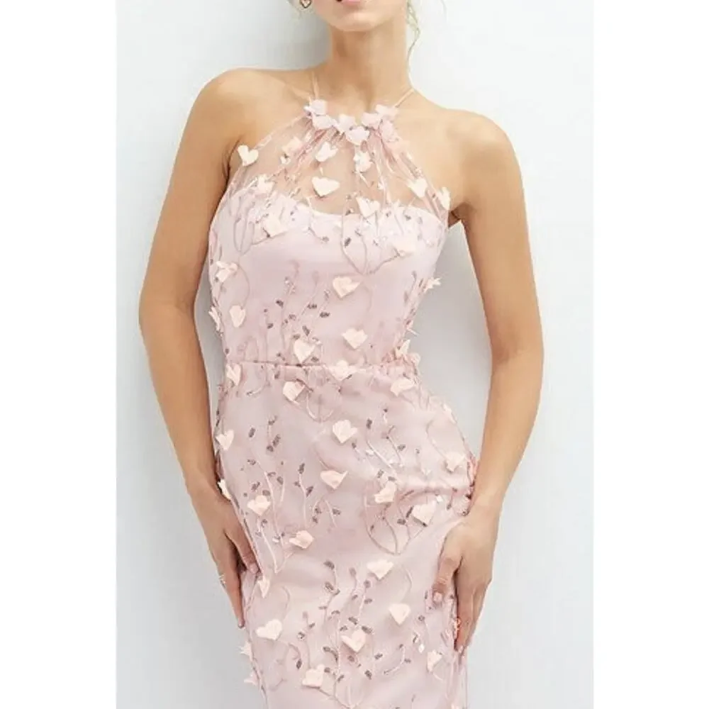 NWT Dessy SHEER HALTER NECK 3D FLORAL EMBROIDERED DRESS HIGH-LOW HEM Pink SZ 12 - Picture 3 of 12